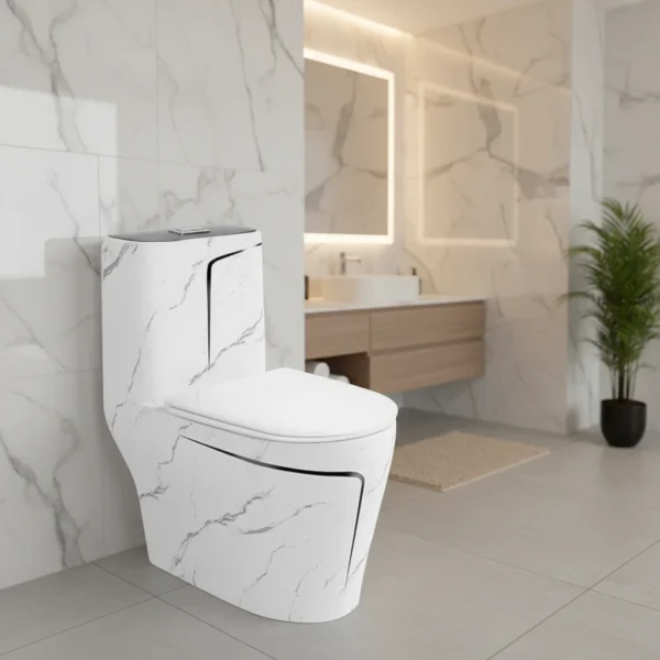 Luxury Marble Black Line White Ceramic Modern One Piece Toilet